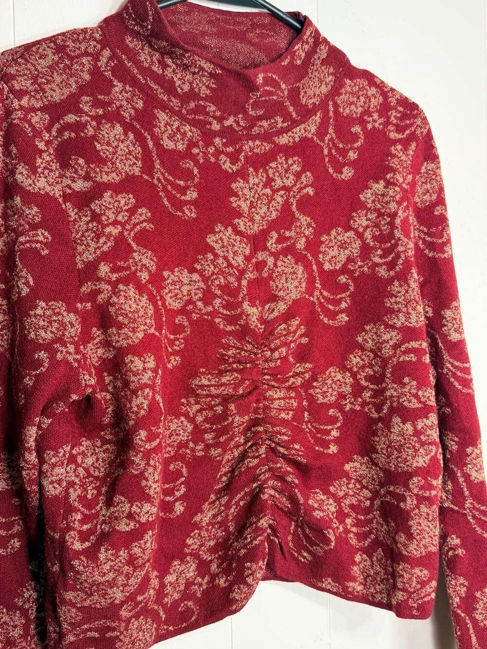 Anthropologie Sweater Mock Neck Metallic Floral Red Gold XL